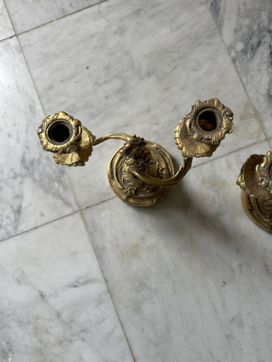 Image 1 of Beautiful antique chandeliers/candlesticks in bronze or gilded spelter, with refined floral rocaille decoration.