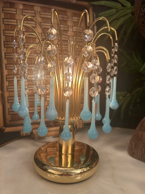 Image 1 of Vintage Opaline Blue Table Lamp Gold Frame