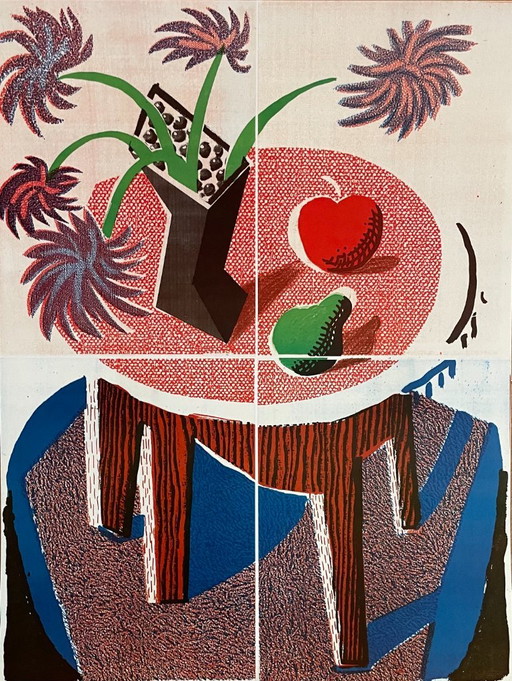 David Hockney, 'Flowers, Apple & Pear on a Table, July 1986,' copyright David Hockney 1986, Printed in England