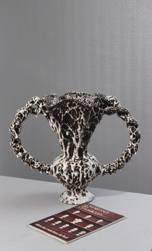 Marius Giuge a Vallauris - Vaso brutalista in ceramica smaltata con lava, anni '50