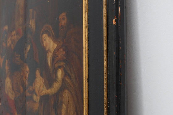 Image 1 of Pintura religiosa flamenca del siglo XVIII enmarcada al óleo sobre madera Adoración de los Magos
