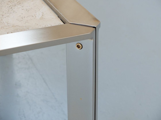 Image 1 of 1 Tavolino, acciaio inossidabile e pietra di travertino, Artelano France, anni '80.