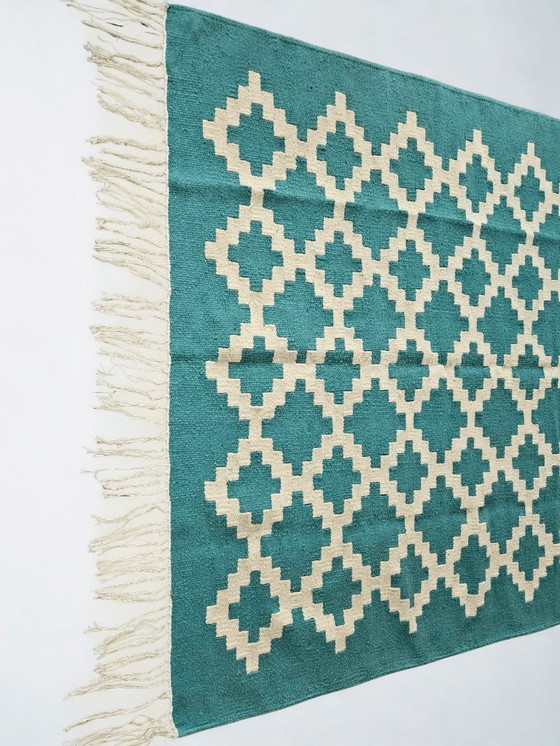 Image 1 of Senon Kelim-Teppich 160 × 230 cm - Handgefertigt in Ägypten - Grüner Diamant, Flachgewebe