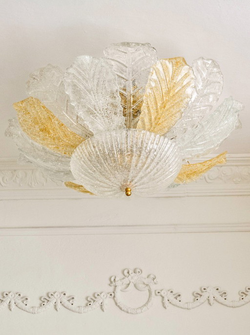 Grand lustre en verre de Murano en forme de feuille, plafonnier vintage italien, verre ambré transparent, luminaires de Murano d