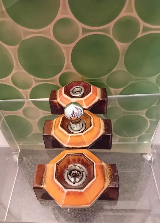 3 x Pan Keramiek Wandlampen, Popart Jaren 70 Oranje, Bruin