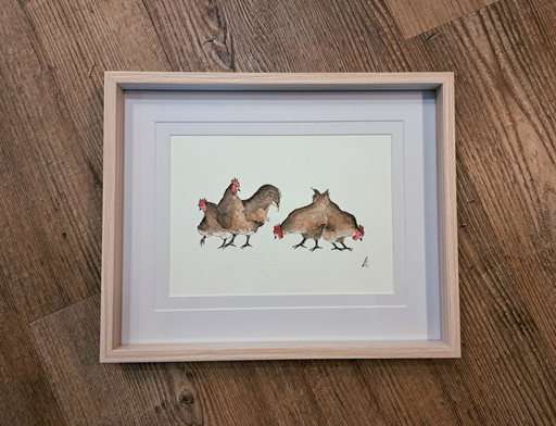 Watercolor original four chickens | Framed