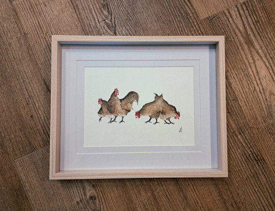 Image 1 of Watercolor original four chickens | Framed