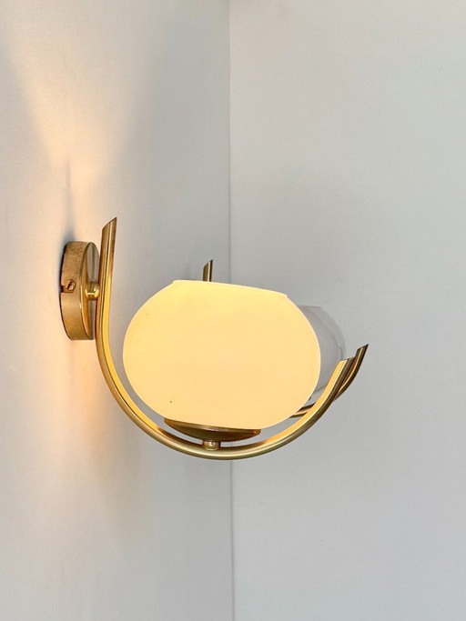 Pair of vintage wall sconces, brass and opaline glass, France, 1970