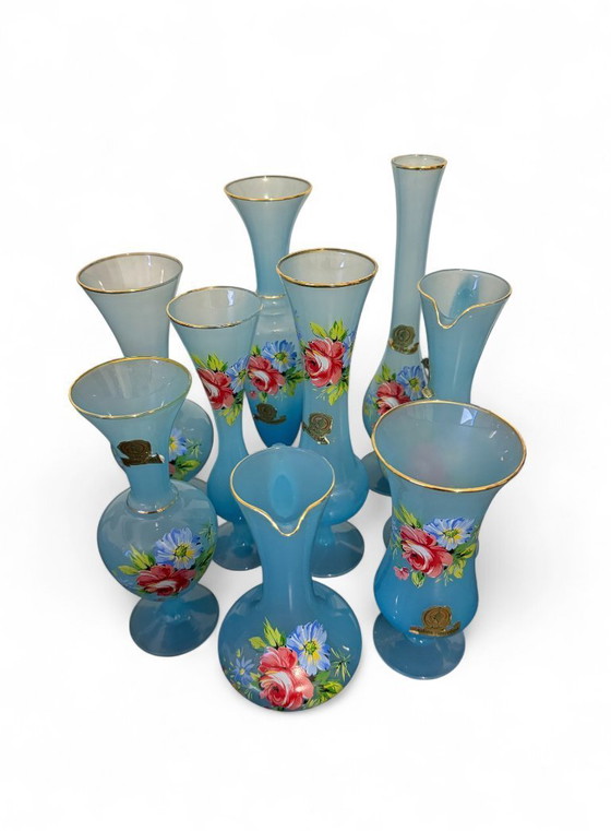 Image 1 of Collectible set of 7 original Florentine opaline vases from the 1950s.