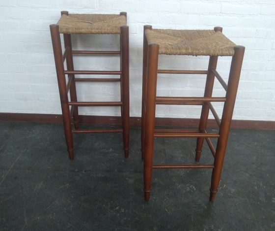 Image 1 of 2x wooden bar stools with rush seat