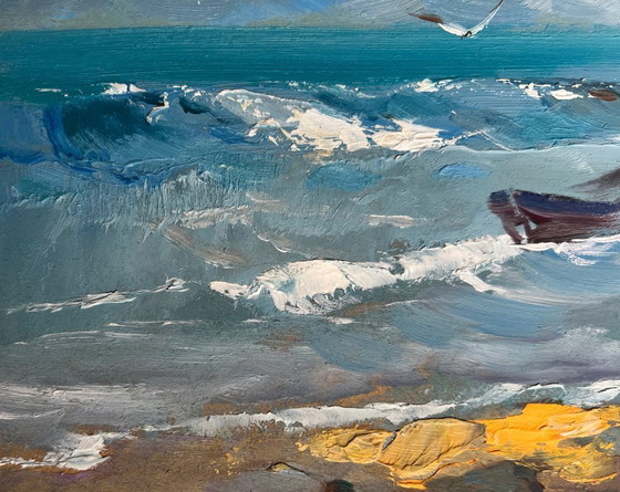 Image 1 of Original Oil Painting Beach Sea Landscape Seagulls on the seashore