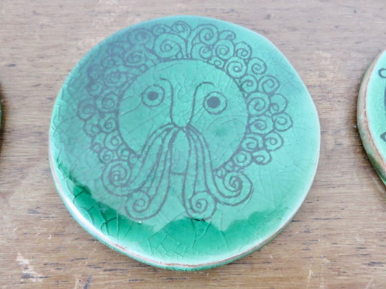 Image 1 of Juego de 6 posavasos de cerámica verde craquelada, años 60 70