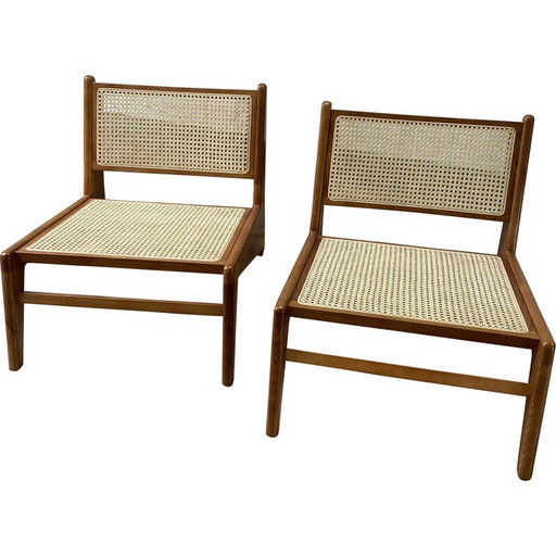 Paar vintage fauteuils in rotan en teak, 1950