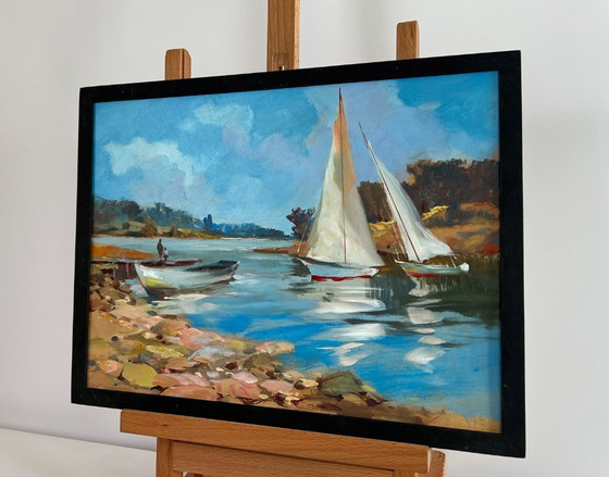 Image 1 of Original Oil Painting River Boats Landscape Sailing on a yacht