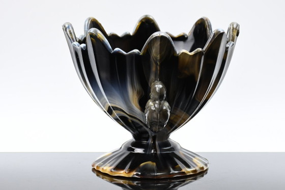 STS Abel / Hrastnik, Agate glass bowl with doves, Yugoslavia, 1930s design, Black (photo 5 of 9)
