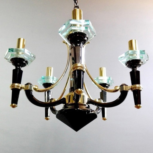 Italian "Lampart" Milano firm attributable five-light 1970s classical chandelier in solid brass and crystals.