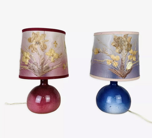 Pair De Lampes Figue En Céramique Rose Et Bleu Abat Jour Fleurs Séchées Vintage