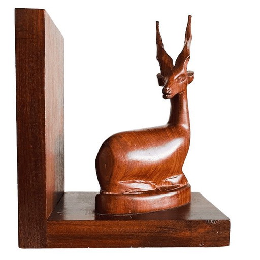 Sujetalibros vintage de madera tallada a mano con forma de antílope, de mediados de siglo, década de 1970.