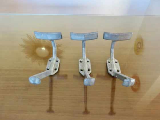 Image 1 of Set of 3 coat racks, wall hooks, in aluminium, industrial style, bistro style, France, 1930s-40s