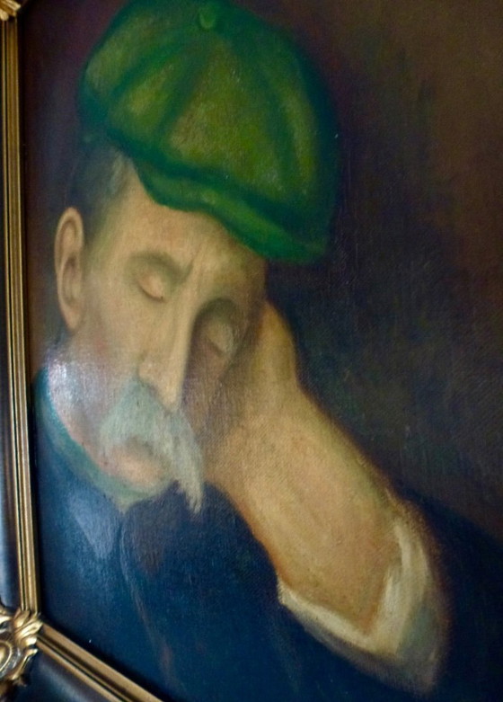 Image 1 of Gemälde von Deschuter – Schlafender Mann – in einem schönen Rahmen.