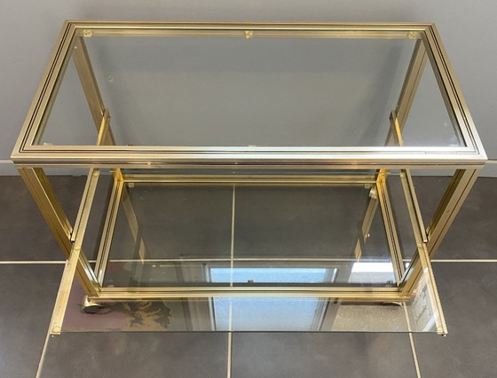 Image 1 of Meuble rangement télé hifi vidéo métal doré verre Pierre Vandel Paris 1970 vintage