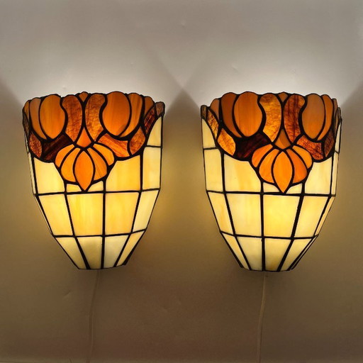 2 vintage wall lamps in Tiffany style – leaded glass / Art Nouveau Revival