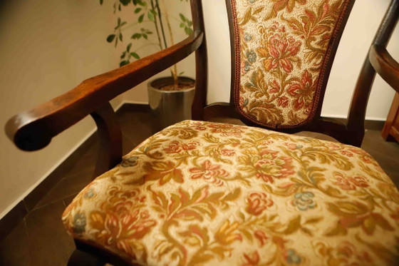 Image 1 of Antique Queen Anne Revival Carver Armchair with Floral Tapestry Upholstery 