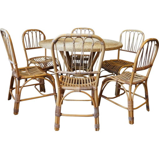 Mid century bamboe en rotan eetset, jaren 1970