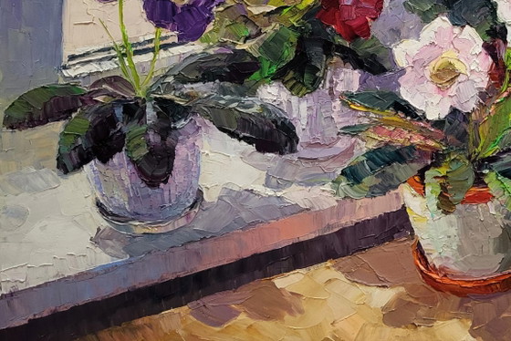 Original Oil Painting Floral Still Life Flowers on the Window Gloxinia in a Vase – Paintings & Drawings (photo 6 of 7)