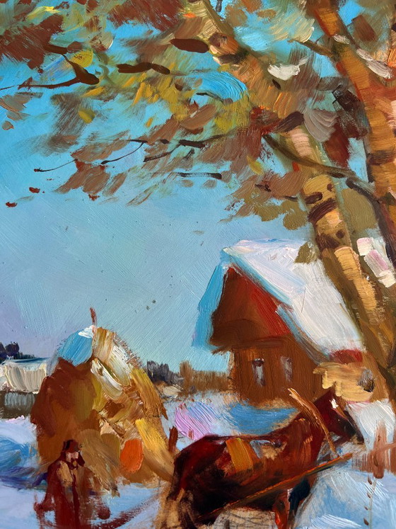 Image 1 of Original Oil Painting Winter Village Landscape Loading hay in winter