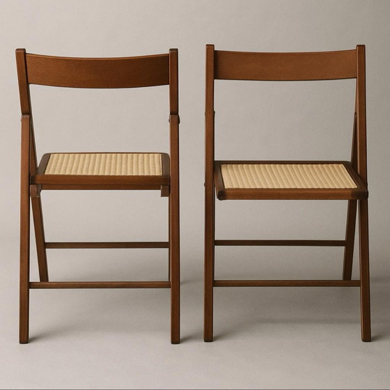 Image 1 of 4 x Chaises pliantes en bois cannées Mid Century - design italien avec cannage en sangle