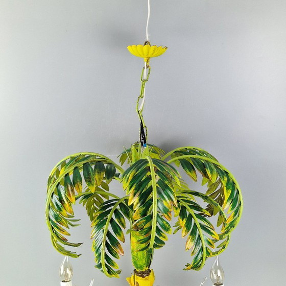Image 1 of Vintage kroonluchter in palmboomstijl – faux bamboe, metaal, 5 armen – tropisch Hollywood Regency design