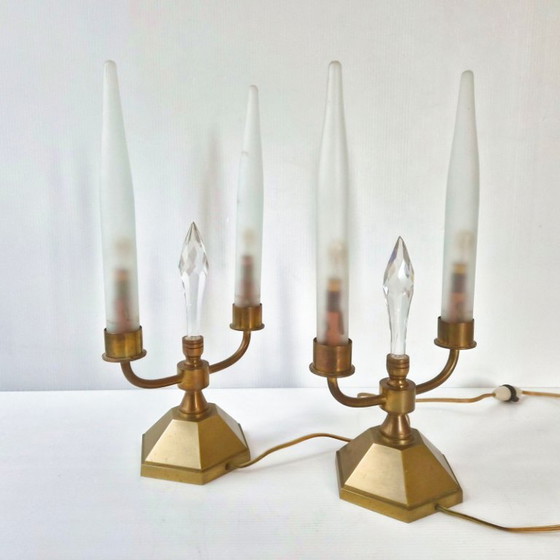 Image 1 of Pair of vintage 1950s brass and glass candle lamps, Art Deco style.
