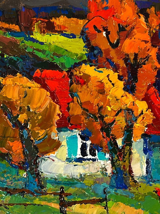 Image 1 of Original Oil Painting Countryside Landscape House Crimson Autumn in the Village