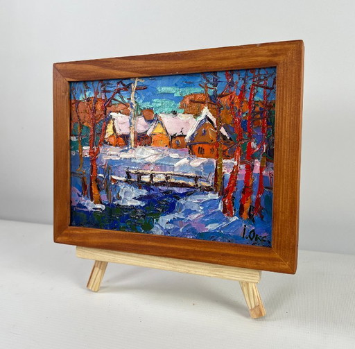 Original Oil Painting Winter Village Landscape Frosty breath of dawn
