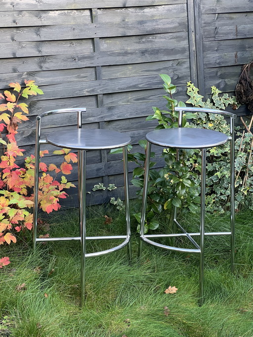 Set Of 2 Vintage Postmodern Chrome Bar Stools