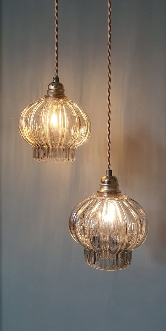 Image 1 of Set of two vintage floral pendant lamps in lantern shape. Mid Century