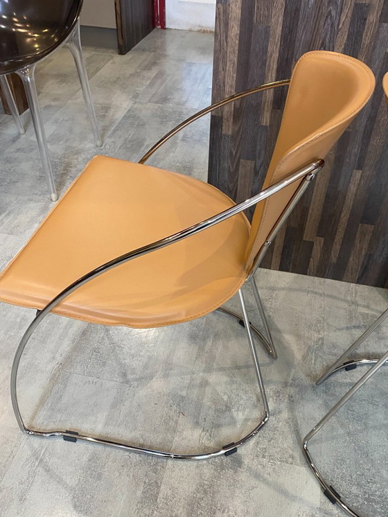 Image 1 of Set di 4 poltrone Linda di Arrben, pelle color cammello, struttura in acciaio cromato, vintage anni '80