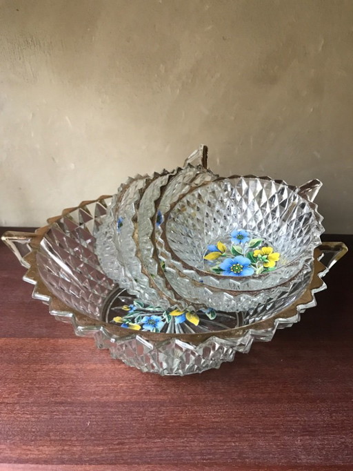 Ponchera francesa con cuencos, cristal tallado con borde cromado