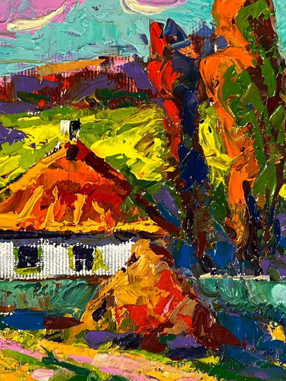 Image 1 of Dipinto ad olio originale Paesaggio rurale Casa Vita di campagna Un sentiero vicino al villaggio