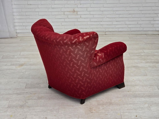 Image 1 of Fauteuil relax danois des années 1950, laine rouge pour meubles, bois de chêne.