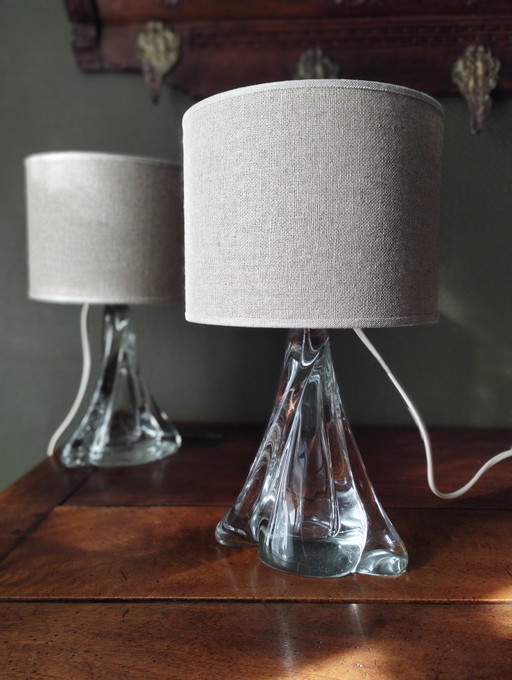 Pair of table lamps - 1950s style twisted clear glass bases - Hemp cylindrical lampshades