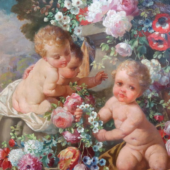 Cherubs With Flowers, Oil Painting On Board Signed, Italy Early 20th Century – Paintings & Drawings, Wood (photo 4 of 18)