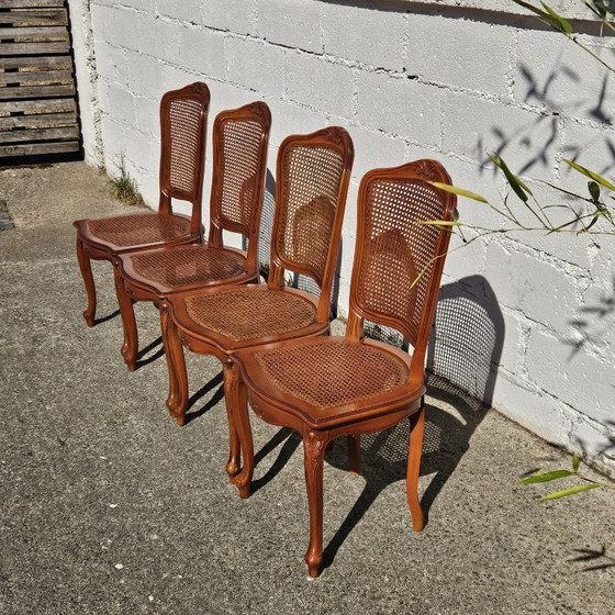 Image 1 of 4 French Vintage Cane Dining Chairs - Cottage Chairs - Style Louis XV - 80s
