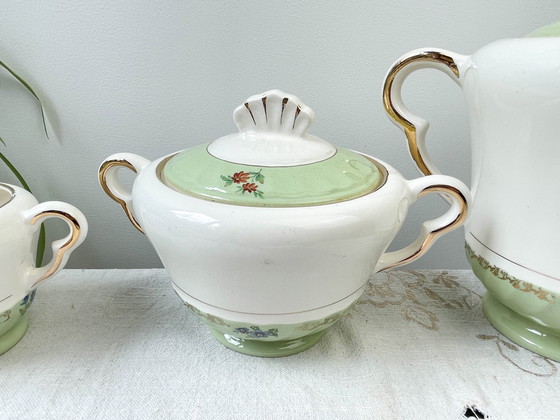 Image 1 of Vintage White Green Gold Salins Porcelain Tea/Coffee Set Made In France