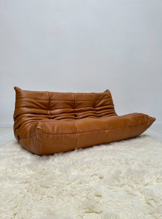 Image 1 of Togo originale vintage a 3 posti in pelle di Michel Ducaroy per Ligne Roset