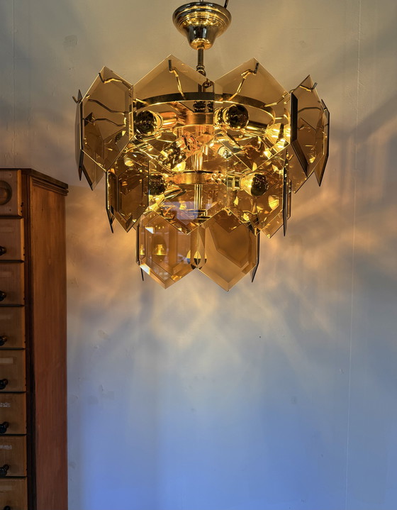 Image 1 of Vintage hexagon rookglazen kroonluchter, Italië ‘70