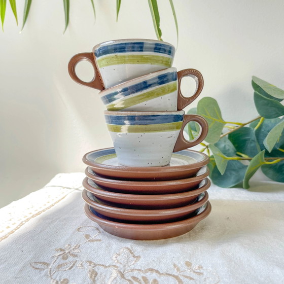 Servizio da caffè vintage in gres maculato grigio anni '50 con strisce verdi e blu - Tazze da caffè vintage (photo 5 of 14)