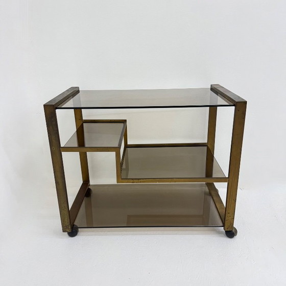 Image 1 of Barwagen aus Messing mit Rauchglas aus der Mitte des 20. Jahrhunderts, 1970er Jahre