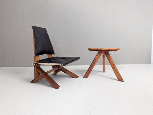 Silla de salón escultural de pino con mesa al estilo de Pierre Chapo, Francia, años 70